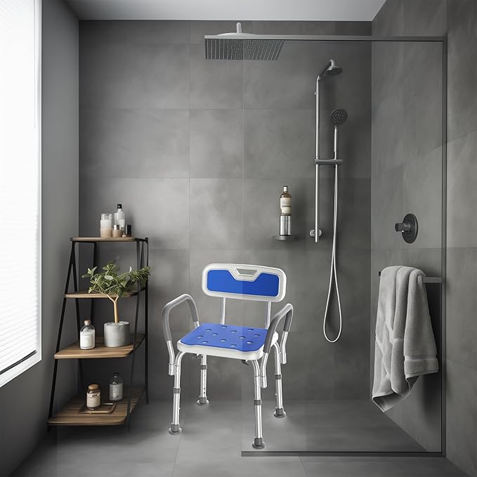 Shower Chair with Arms for Tub,Sturdy Aluminum Alloy Bath Chair,Slip Resistant Shower Bench,Height-Adjustable Shower Seat with Padded Handles for Seniors