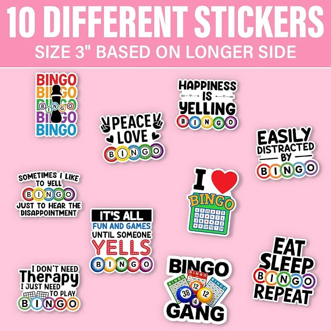 (10Pcs-3in) Funny Bingo Games Sticker Pack, Bingo Prizes Sticker for Player Caller, Gift for Senior Adult, Decoration for Laptop Tablet Kindle Scrapbook Water Bottle Helmet Vehicles Bumper