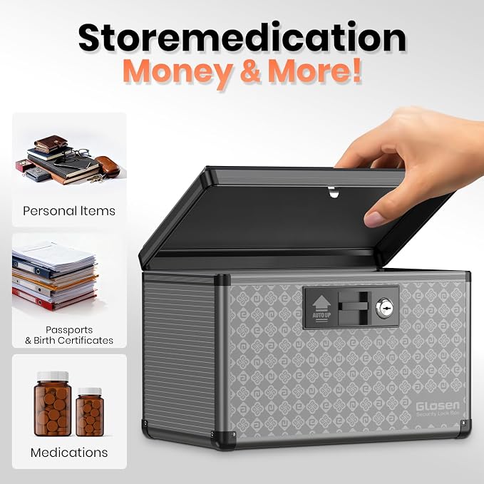 Glosen Medicine Lock Box Storage Lock Box 【Black-Medium12 X 7.68 X 7.87 Inch】 Lockable Dorm Storage Trunk with Key Lock - Briefcase, Lock Boxes for Personal Items