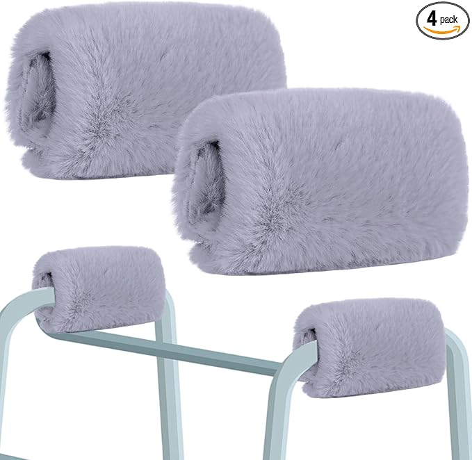 2 Pcs Walker Handle Cushions Fluffy Walker Hand Pads Universal Padded Rollator Hand Cover for Folding Rolling Wheelchair, Senior, Elderly Grippers, with 2 Extra Foam Pads(Gray)
