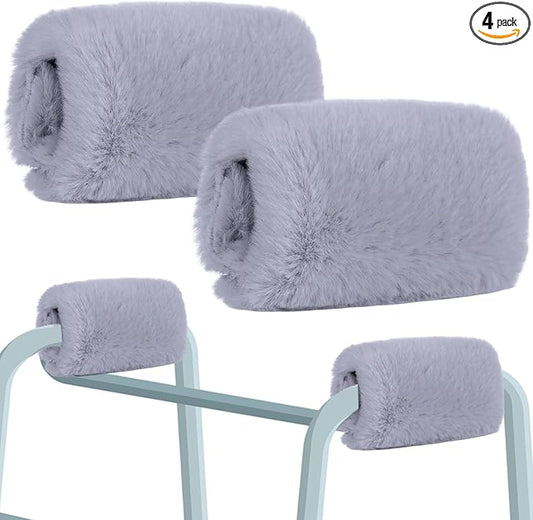 2 Pcs Walker Handle Cushions Fluffy Walker Hand Pads Universal Padded Rollator Hand Cover for Folding Rolling Wheelchair, Senior, Elderly Grippers, with 2 Extra Foam Pads(Gray)