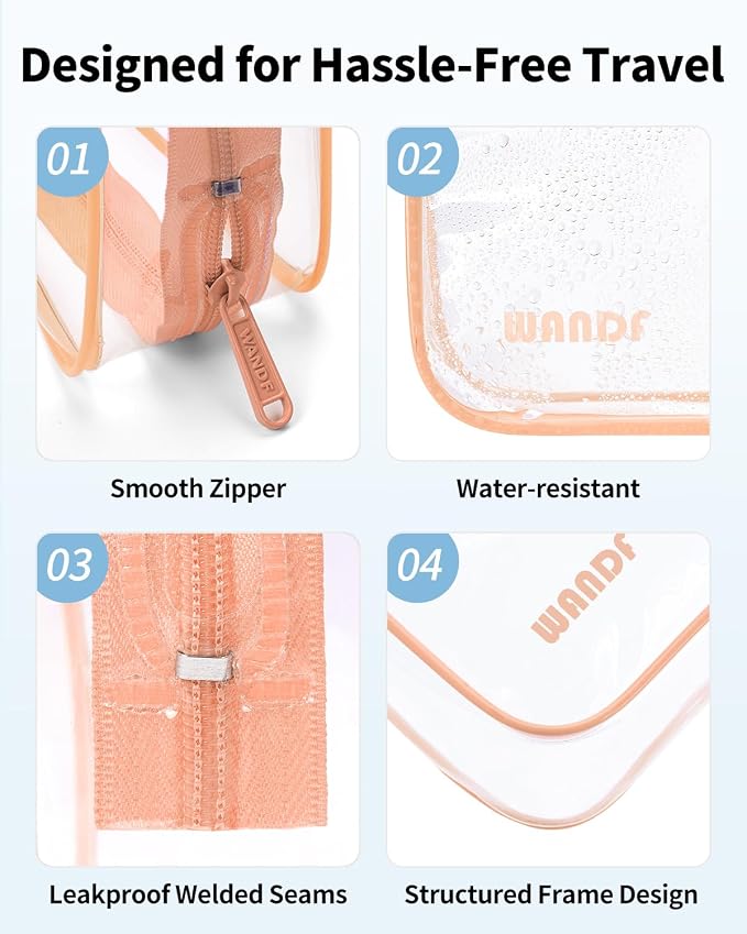 WANDF TSA Approved Toiletry Bag, 2 Pack Clear Makeup Bag | Quart Size, Airport Carry-On, TSA Liquids Travel Bag, Clear PVC, Women Men Travel Essentials