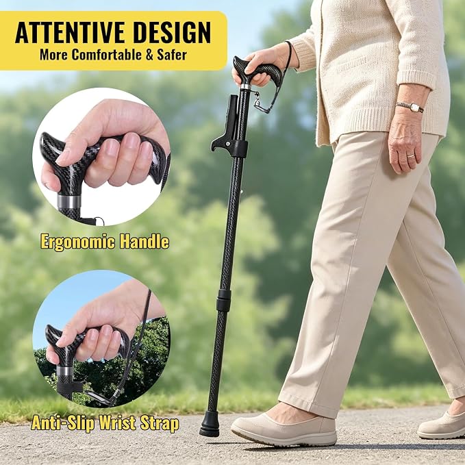 300 LB Heavy Duty Carbon Fiber Folding Walking Cane for Men and Women, Lightweight Adjustable Cane with Second Handle, Collapsible Walking Stick with Travel Bag (Black)