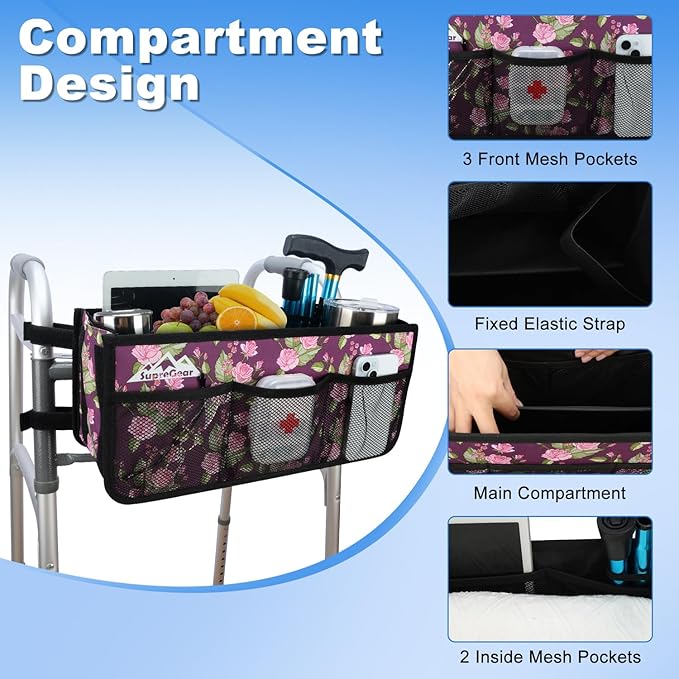 supregear Walker Basket, Foldable Walker Bag with Cup Holder, Storage Pouch with Large Capacity and Never Tipping Over, Hand-Free for Seniors Elderly, Not Fit for Rollator, Floral Purple