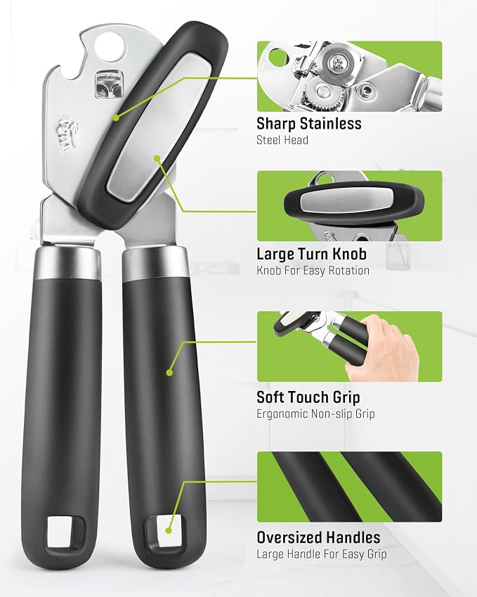 Multifunctional Can Opener Manual, Durable Heavy Duty Handheld Strong Can Opener with Smooth Cutting Edge, Friendly Kitchen Essentials Tool for Seniors, Camping and Bottle Opening-Black
