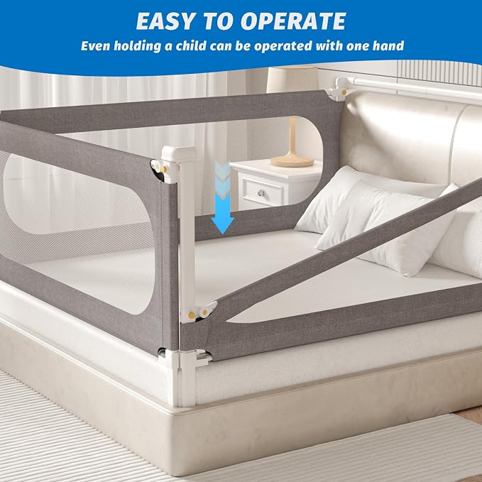 3-Piece King Size Bed Rails for Toddlers, with Headboard Rod -Height Adjustable Baby' Safety Bed Rails Guard for King Size Bed(3Pack 78.7"x78.7"x74.8"-Gray)