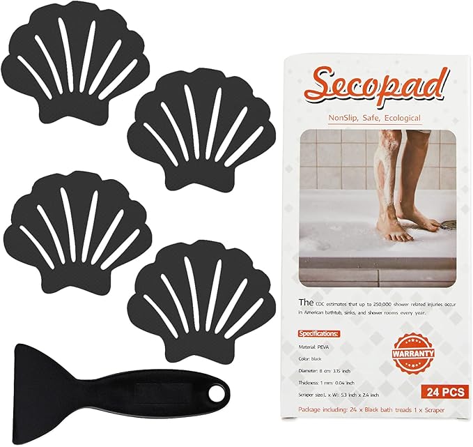 Non-Slip Bathtub Stickers, 24 PCS Shell Safety Bathroom Tubs Showers Treads Adhesive Decals Scraper (Black)