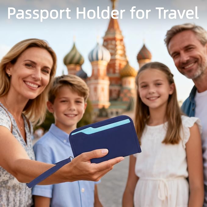 Passport Holder Family RFID Passport Wallet, Passport Holder Women/Men, Travel Wallet Documents Organizer Zipper Case with Removable Wristlet Strap, Travel Essentials for Flying