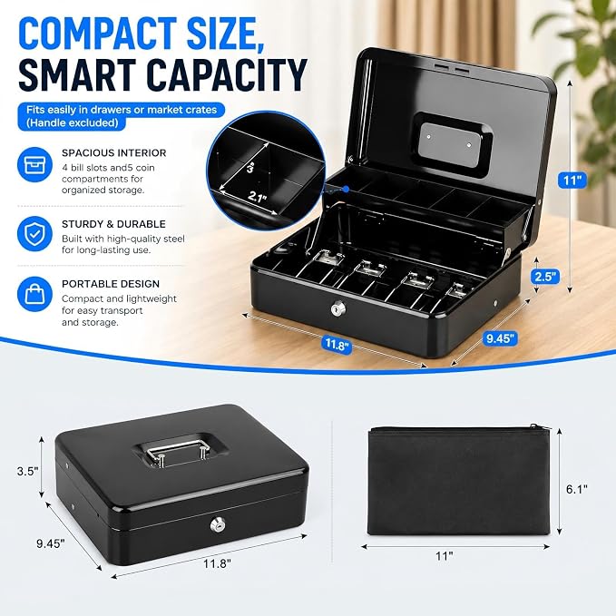 KYODOLED Metal Cash Box with Key Lock, Anti-Theft Cable & Waterproof Pouch | Heavy Duty 0.7mm Steel, Windproof Bill Clips, Hidden Compartment, for Flea Market Vendors & Small Business, 11.8", Black