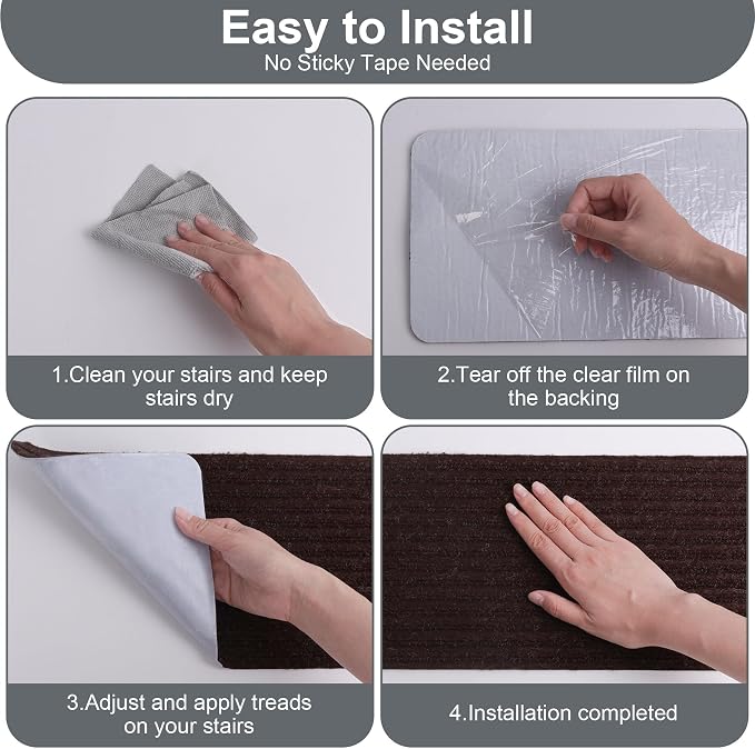 7 PCS Non Slip Stair Treads for Wooden Steps – 8"x30" Indoor Non Slip Stair Treads, Carpet Stair Mats with Self-Adhesive Backing, Removable & Machine Washable – Brown