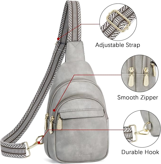 BOSTANTEN Sling Bag for Women Leather Crossbody Bags Fanny Pack Chest Bag for Travel | Adjustable Wide Strap, Small, Anti Theft, Lightweight, Multi Pockets and Carrying Way, Card Slot, Cute Trendy for Everyday