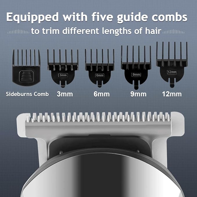 Ufree Beard Trimmer for Men, Waterproof Electric Razor, Grooming Kit | Stainless steel blades, six interchangeable heads, wet and dry use, USB rechargeable, for face body nose ear trimming, silver