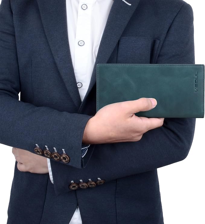 VISOUL Leather Checkbook Cover Wallet for Men with RFID Blocking, Mens Long Bifold Cash Tall Wallet with 11 Credit Card Slots 1 ID Window (Dark Blue)