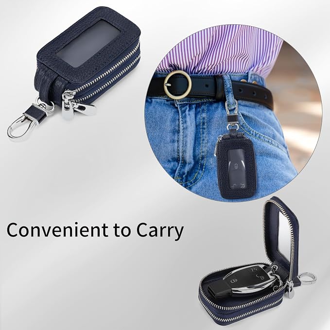 SENDEFN Car Key Fob Case Double Zipper Leather Smart Remote Keychain Protector Holder with Transparent Window