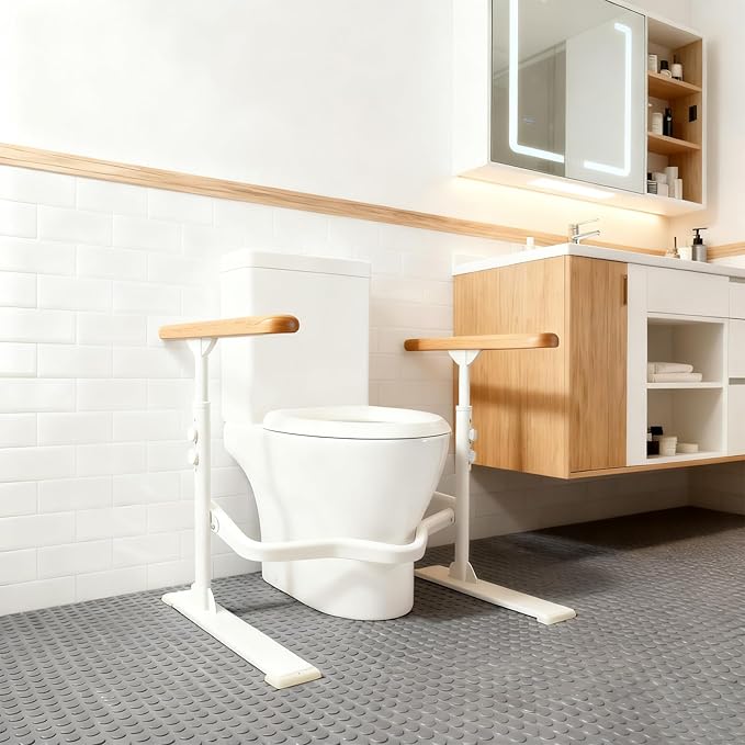 Toilet Safety Rails for Seniors - Toilet Safety Frame with Nighttime Reflective Armrests & Base, 3-Speed Height Adjustment, Toilet Safety Frames & Rails Fits Most Toilets, 3-Hole Depth Adjustment