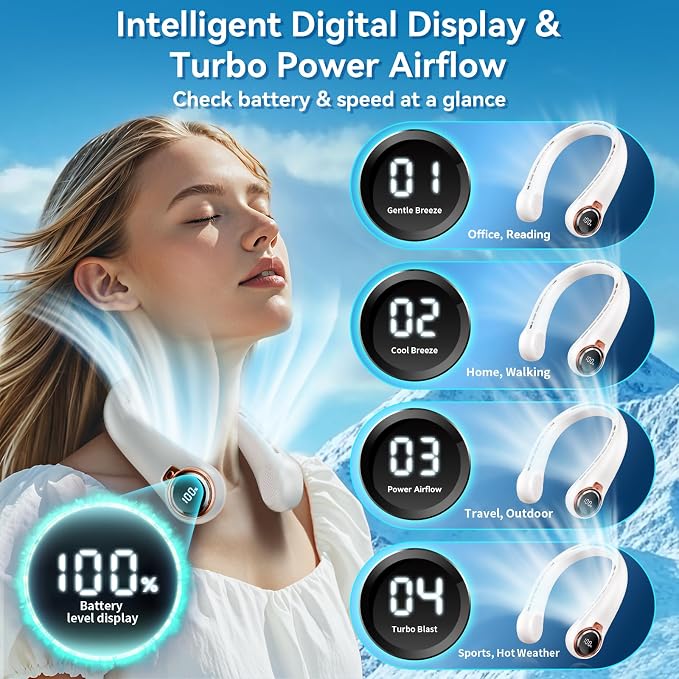 BNBZ Portable Neck Fan, 6000mAh Rechargeable Fan Blows Cold Air with LED Display, 4 Speeds, 20H Runtime, Quiet Wearable 360° Personal Cooling Fan for Outdoor Travel Work Gym,Fireplace Fans-White