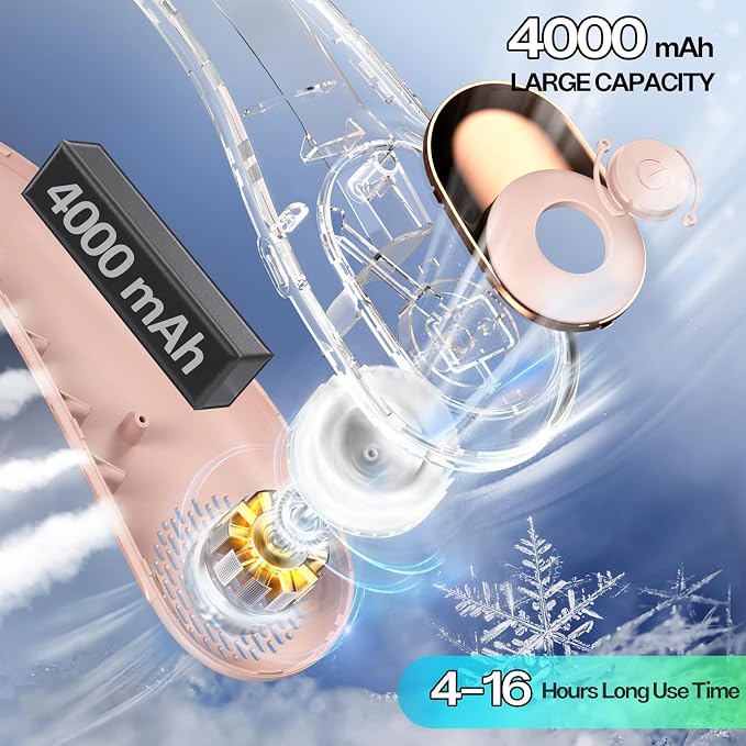 KIDEE Portable Neck Fan, 4000mAh Rechargeable, 360° Airflow, Hands Free Bladeless Wearable Fan, 2 Pack, Pink