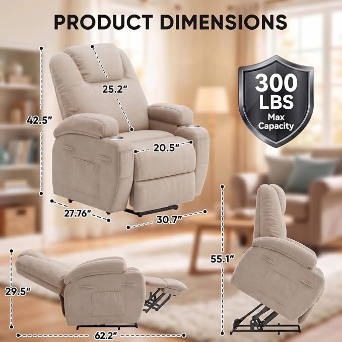 Flamaker Power Lift Chair Massage Recliner Chairs for Elderly | Ergonomic Lift Recliner Design with Cup Holders & Side Pockets, Remote Control (Beige)