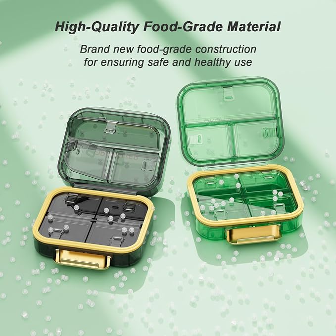 Portable Travel Pill Organizer with 7 Compartments - Perfect Weekly Pill Case Waterproof Pill Box for Daily Vitamins and Medicine, Small Pill Container for Pocket Purse (Green)