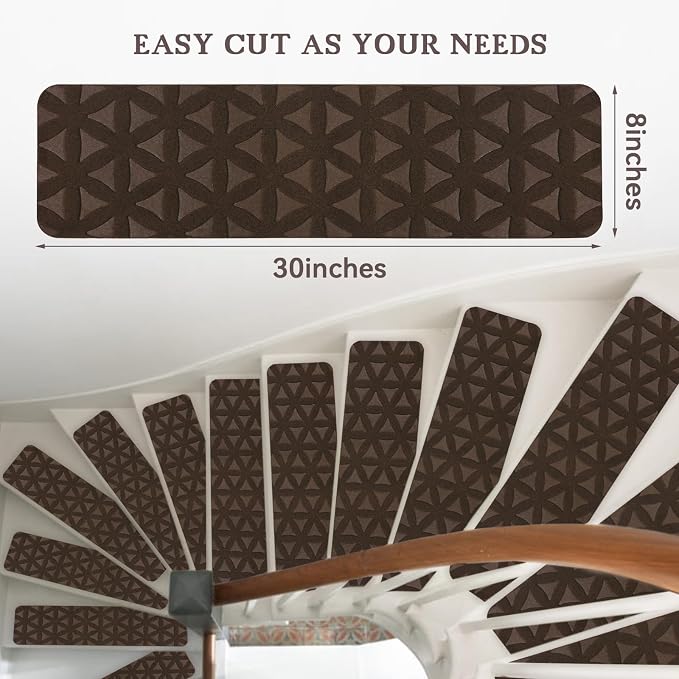 RIOLAND Non-Slip Carpet Stair Treads for Wooden Steps Indoor, 8" X 30", 15 Pack Peel and Stick Stair Treads Runners for Kids Elders and Pets, Brown