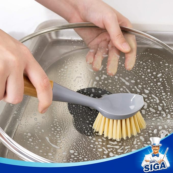 MR.SIGA Dish Brush with Bamboo Handle Built-in Scraper, Pack of 2 | Scrub brush for dishes, pans, pots, kitchen sinks cleaning, palm scrubber, palm scrub brush, dish scrubber with handle