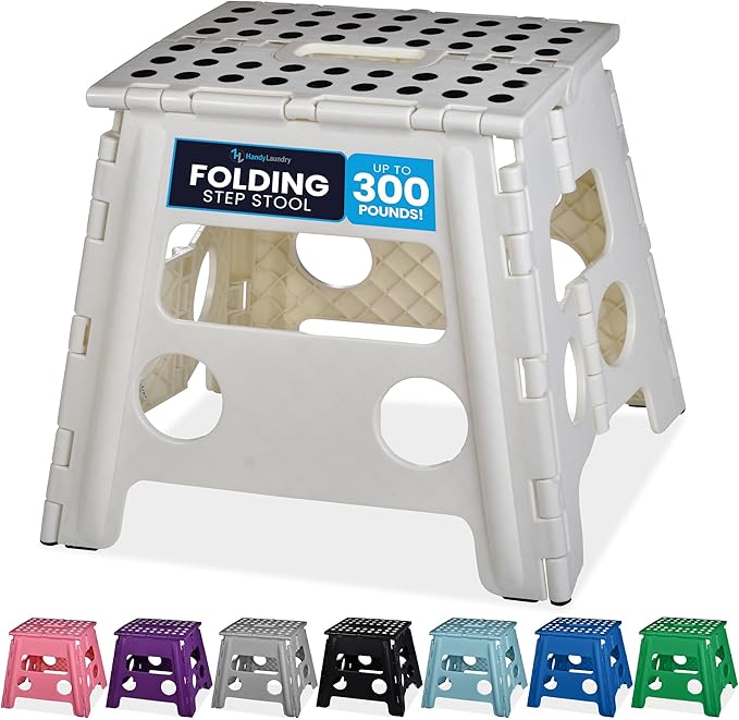 Handy Laundry Folding Lightweight Step Stool - Sturdy Enough to Support Adults - Opens Easy with One Flip - Great for Kitchen, Bathroom or Bedroom (White - 13 inch)