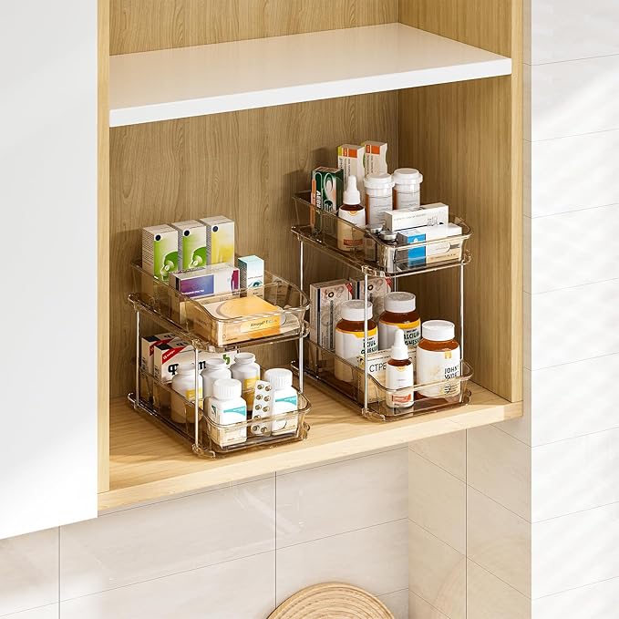 Delamu 2-Tier Under Sink Organizers and Storage, Multi-Purpose Stackable Bathroom Cabinet Organizers, Pull Out Kitchen Pantry Organization and Storage with Dividers Amber, 4 Pack