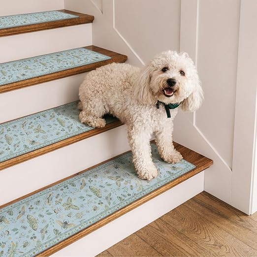 OJIA Insect Stair Treads Non-Slip Stair Runners for Wooden Steps 4PC 30"x8" | Indoor Stair Runner Carpet Stair Treads Mats Staircase Step Treads for Kids & Dogs, Stair Covers, Blue