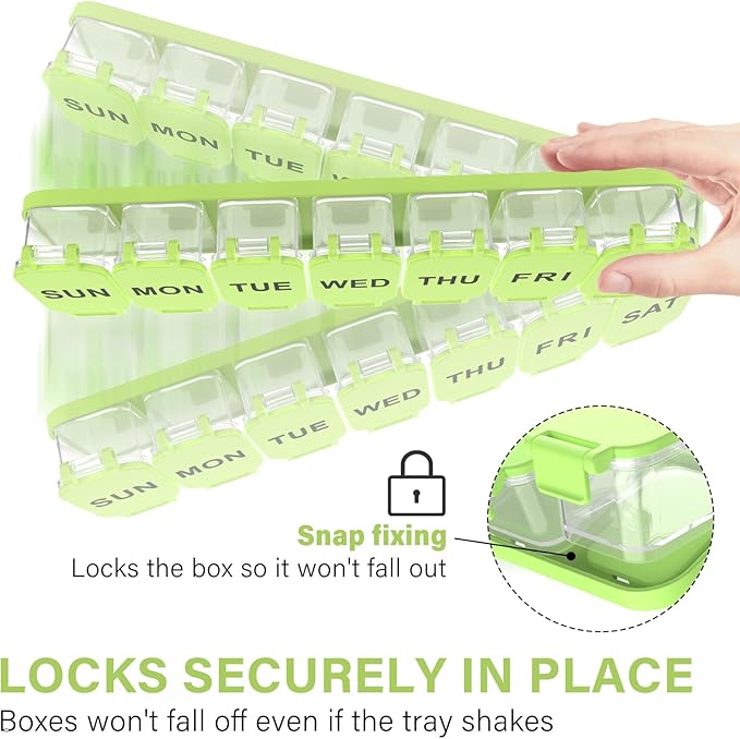 Extra Large Weekly Pill Organizer - Waterproof 7-Day Pill Box, Portable Vitamin & Supplement Case, Easy to Open Design, Ideal for Travel a nd Daily Medication Management (Green)