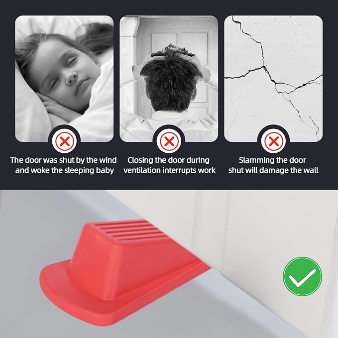 4 Pack Premium Rubber Door Stoppers Wedge, Door Stops for Carpet Heavy Duty Door, for Bottom of Door on Tile, Concrete, Carpet, Wooden Floor (Red)