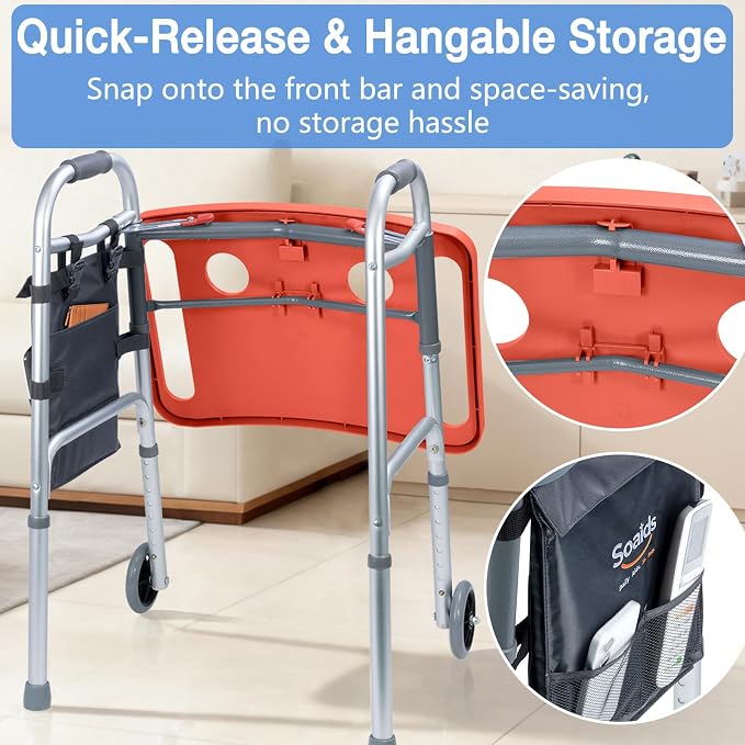Walker Tray for Seniors with Dual Cup Holders & Side Pouch (Red) | Durable Food & Drink Table, Lightweight with Non-Slip Pad, Compatible with Walker of 10210-1 Model