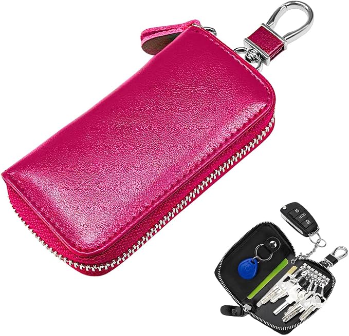 Leather Car Key Holder Bag, Unisex Key Fob Case with 6 Hooks, Zipper Closure Keychian Case Wallet for Smart Keys (Rose Red)