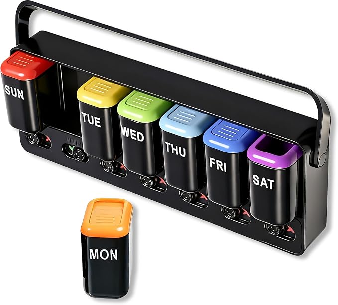 Weekly Pill Organizer with Taken/Untaken Tracker, 7 Day Daily Pill Box for Vitamins Medication Supplements, Large Compartments, Easy Open Leak-Proof Portable Travel Pill Container, BPA Free,Black