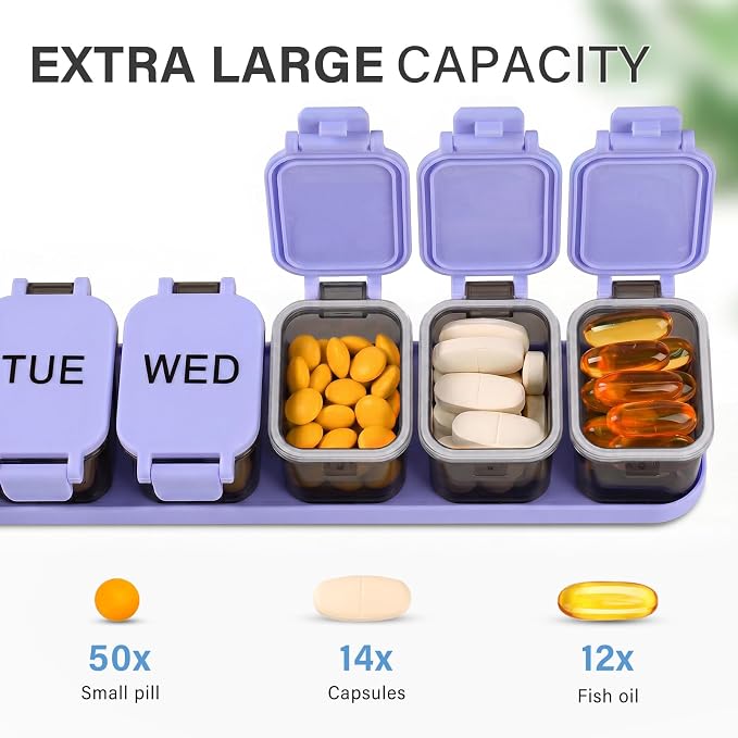 Yaklim Extra Large Weekly Pill Organizer - Waterproof 7-Day Pill Box, Portable Vitamin & Supplement Case, Easy to Open Design, Ideal for Travel and Daily Medication Management (BlackPurple, 2 Packs)