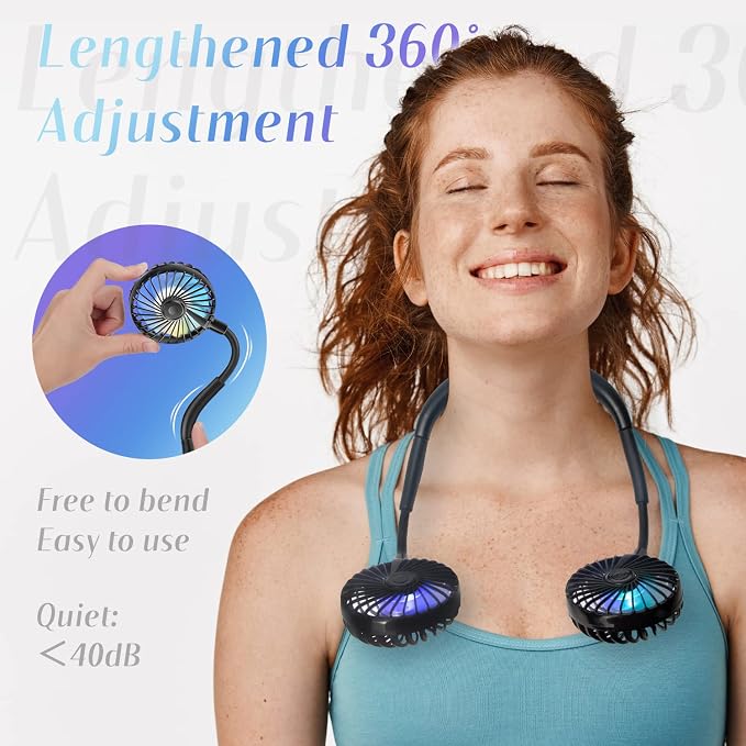 VAGAU Portable Cooling Neck Fan, Rechargeable USB Personal Neck Fans Black | with Colorful LED lights, 360° Rotation, Wearable Neck Fan Air Conditioner for Office Travel Sport, 3 Adjustable Speeds