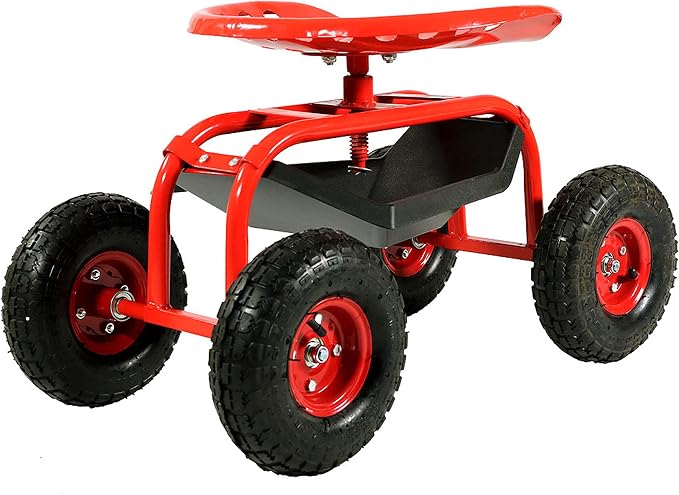 Sunnydaze Rolling Garden Cart with Swivel Seat and Storage, Red | Steel Rolling Gardening Seat with Utility Tray, and Basket for Storage, Rotating, Swiveling Motion
