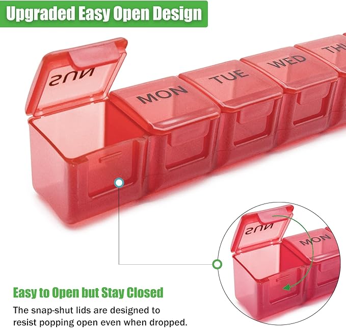 2 Pack Weekly Pill Organizer, Large 7 Day Pill Case, Daily Vitamin Case Medicine Box, AM/PM Pill Containers for Medicine Supplements Fish Oil (Orange & Red)