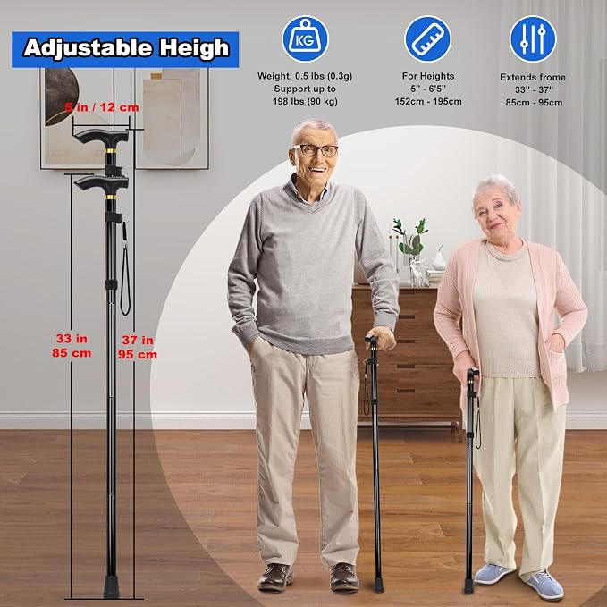 MFE Folding Cane, Portable 5-Level Adjustable Height Walking Stick with Foldable Design, Wrist Strap, and T Handle for Men and Women