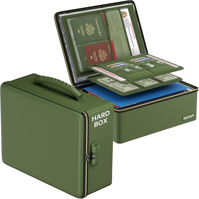 ENGPOW Fireproof Document Box, Hard Fireproof Box with Fireproof Zipper＆Lock, 6400°F Heat Insulated Fireproof Water Resistant File Organizer Storage Box Safe for Important Documents,Valuable,Green