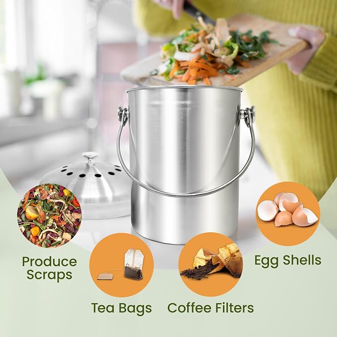 Reli. 1.3 Gallon Stainless Steel Compost Bin for Kitchen | Charcoal Filters | Silver, Indoor Composting Bin with Charcoal Filters | Odorless Food Waste Countertop Bucket