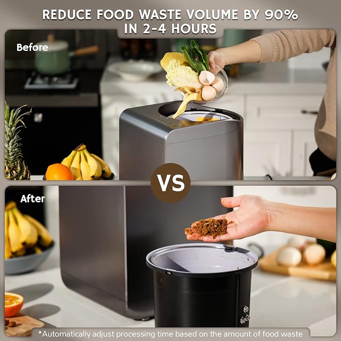 Airthereal Revive Electric Kitchen Composter, SHARKSDEN Tri-Blade, Turn Food Waste and Scraps into Dry Compost Fertilizer for Plants, R500 Gray | 4-hr Cycle, SHARKSDEN Tri-blade, 90% Reduction in Waste Volume