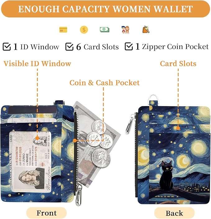 Hancynir Black Cat Slim Wallet Women Credit Card Holder Wristlet RFID Small | Cute Keychain Lanyard Wallet, Travel Zipper Coin Pocket, Ladies Gifts Women, Minimalist Card Case, 6 Card Slots, PU Leather