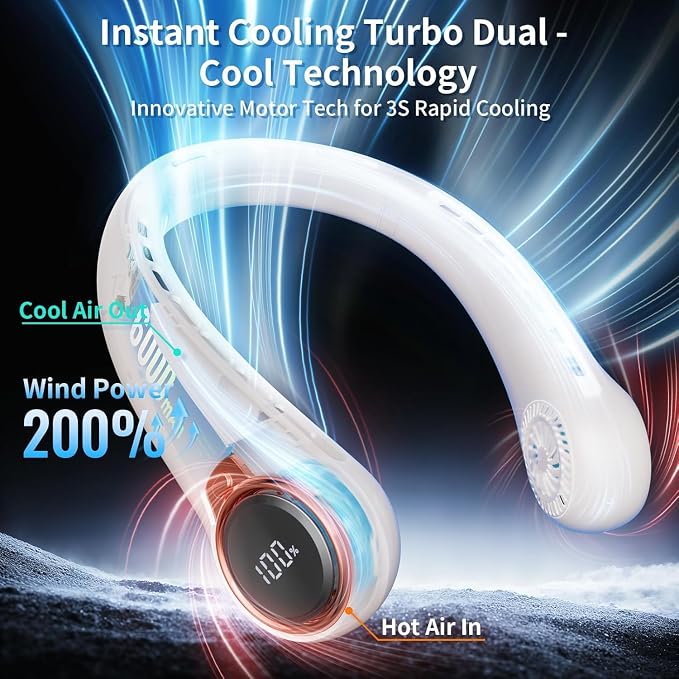 Portable Neck Fan with 6000mAh USB - Rechargeable Battery, Ultra-Light Bladeless Neck Fan LED Display, 360° Cooling Wearable Fan, 3 Speeds
