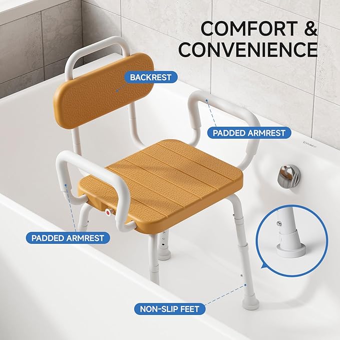 360° Swivel Shower Chair with Removable Arms, Adjustable Height Rotating Shower Chair for Inside Shower for Seniors and Disabled，Tool-Free 3-Min Assembly，Brown