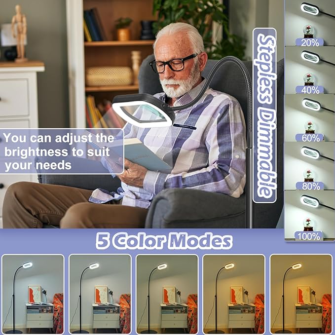 Drdefi 10X Rectangular Real Glass Magnifying Glass with Light and Stand, 24" Flexible Gooseneck Floor Lamp, 5 Color Modes Stepless Dimmable, 3-in-1 LED Lighted Magnifier Light Hands Free for Reading