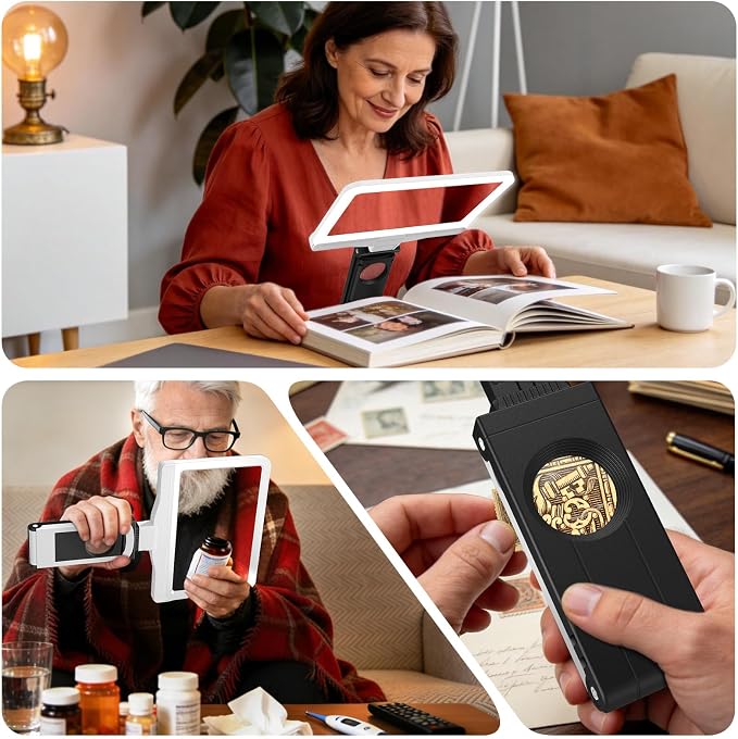 30X 6X Rechargeable Magnifying Glass for Reading, Large Full Page Magnifier with Folding Stand, 3 Color Light Modes, Dimmable LED Lighted, Hands Free Book Magnifier for Low Vision Seniors, White-Black