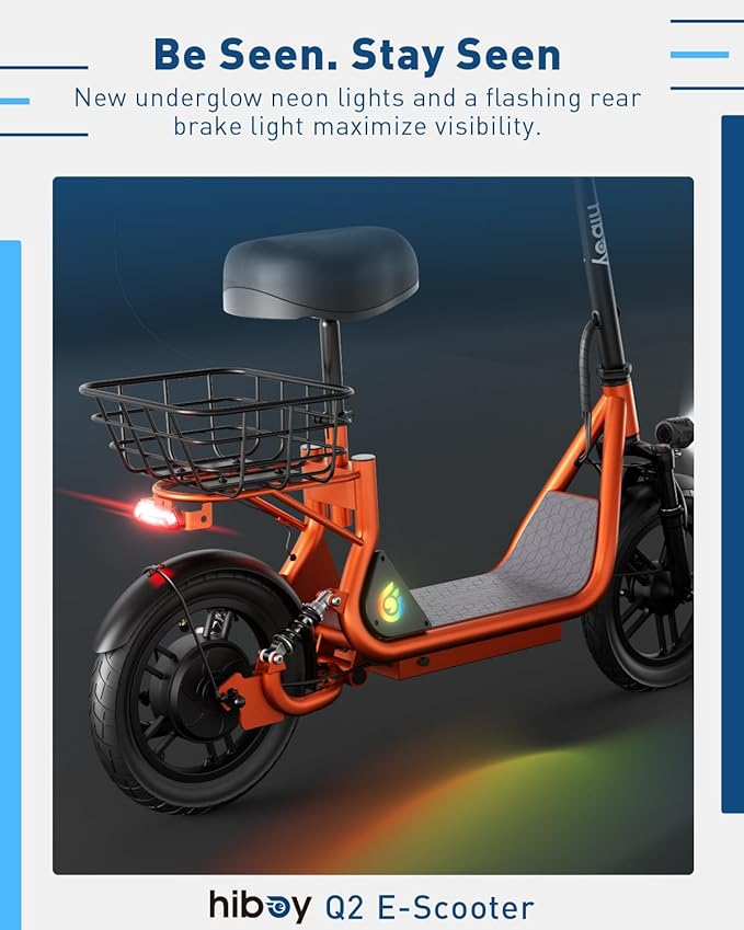 Hiboy Q2 Adult Electric Scooter with Seat & Phone Holder – 500W Motor, 22mi Range, 14" Wheels, Dual Suspension, Neon Lights, Foldable for Commute & Campus