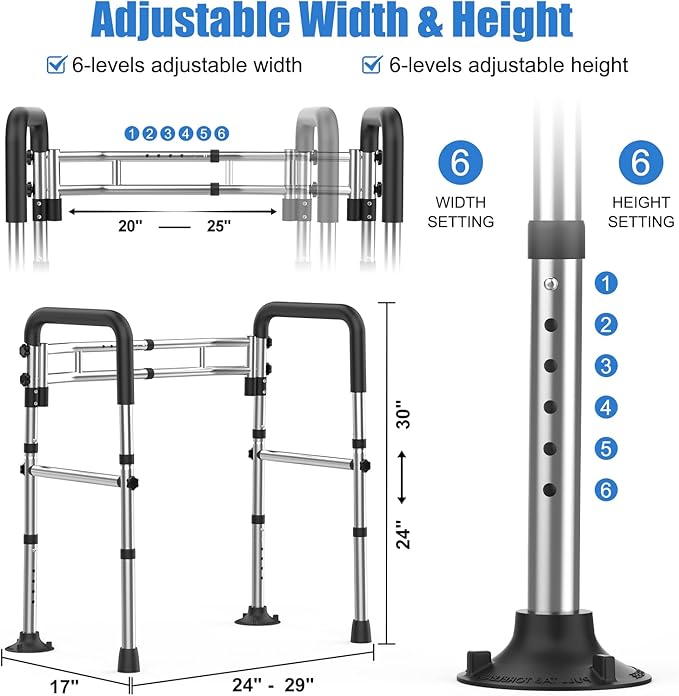 Upgraded Toilet Safety Rails 380LBS, Stainless Steel Toilet Rail Frame, Adjustable Stand Alone Toilet Support with Non-Slip Grips & Suction Cups,Tool-Free Assembly, Fits for Elderly/Disabled