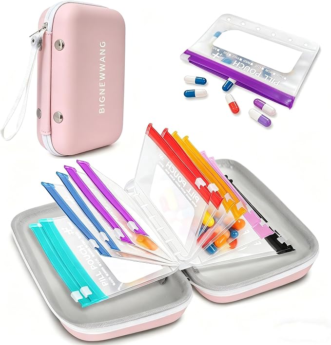Extra Large Weekly Waterproof Pill Organizer Set, Reusable Pill Bags with 14 Coded AM PM Pouches for Home and Travel, 7 Day Portable Medicine Pill Case for Fish Oils, Vitamins (Pink)