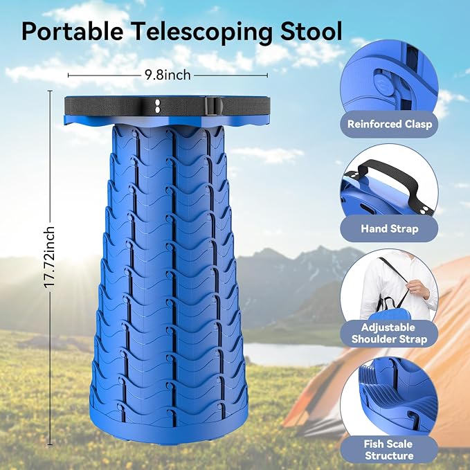 2026 Upgraded Collapsible Stool, Portable Folding Stool, Telescoping Camping Stool with Max Load Capacity 485lbs, Square Retractable Seat for Camping Gardening Fishing Hiking BBQ [Blue]